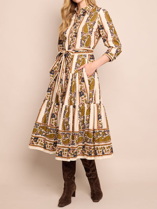 Placed Print Long Sleeve Belted Dress