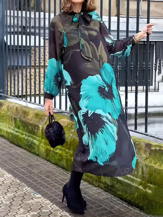 Stand-up Collar Printed Midi Dress