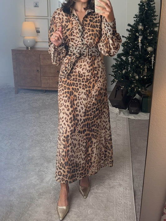 Belted Leopard Woven Shirt Dress
