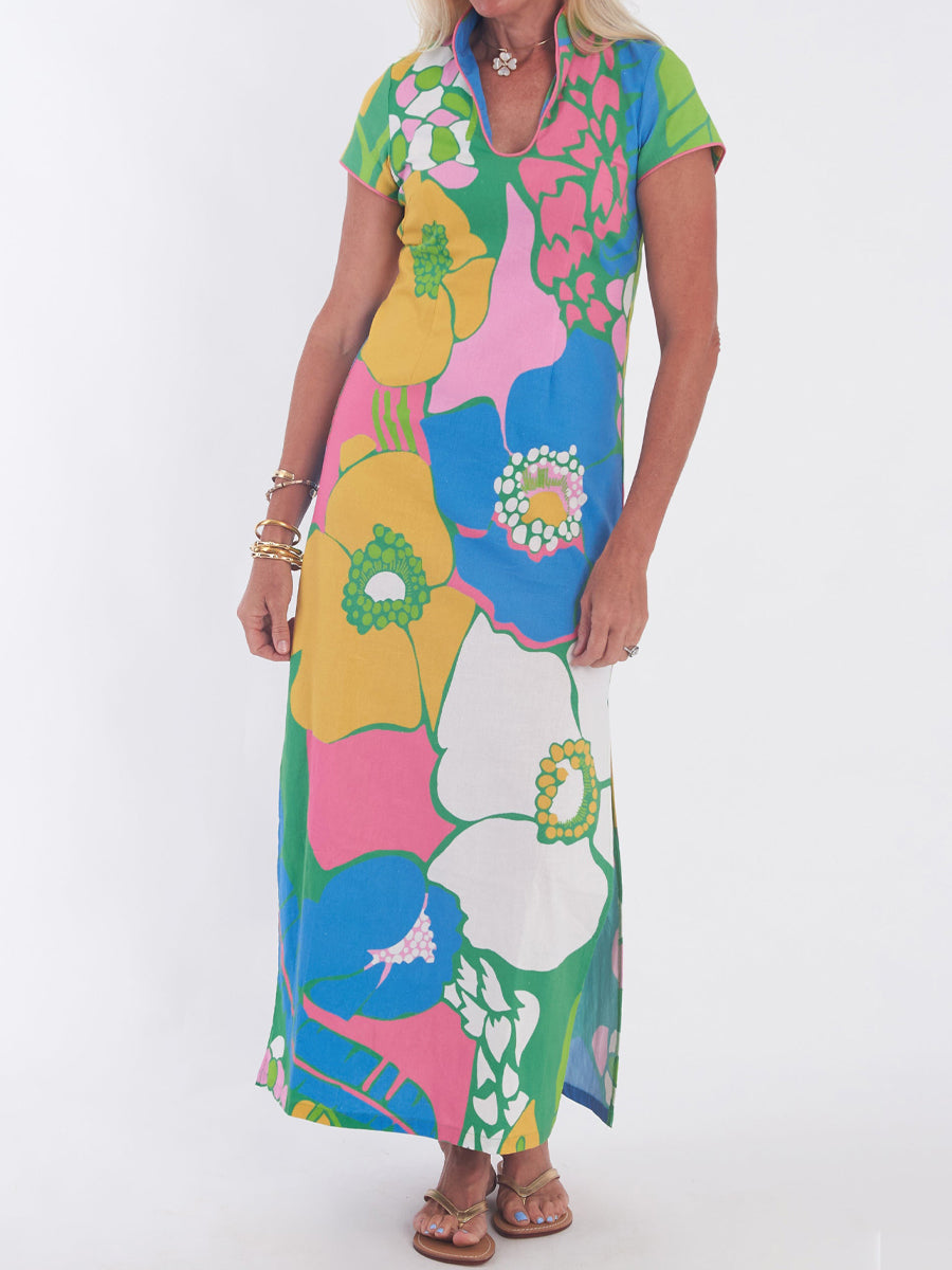 Linen Slit Hem V Neck Dress