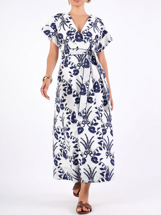 V Neck Poppy Print A-Line Dress