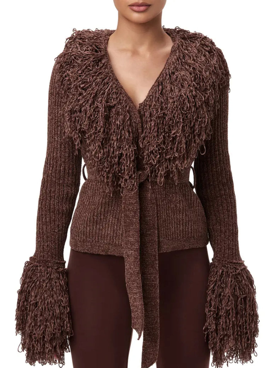 Fringe Tie Waist Deep V Neck Cardigan
