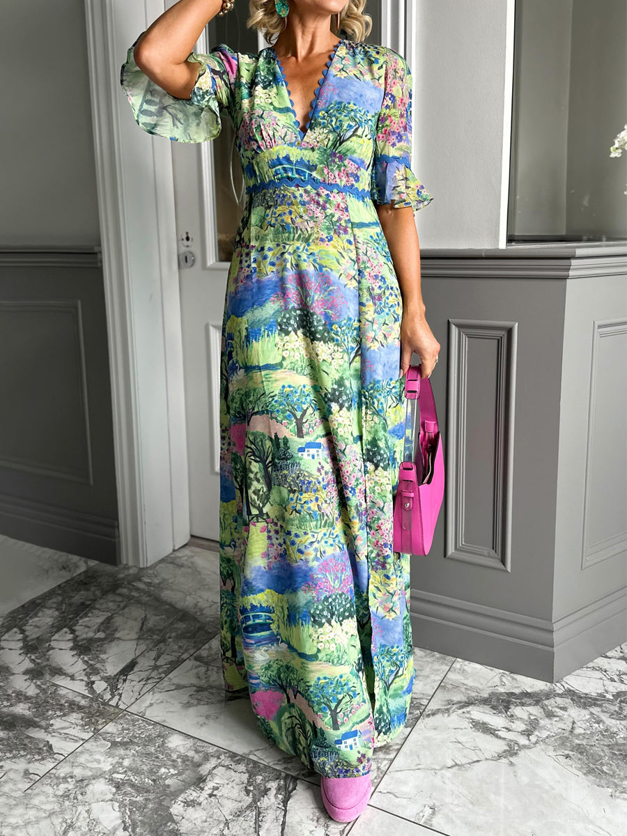 Open Back Printed V Neck Maxi Dress