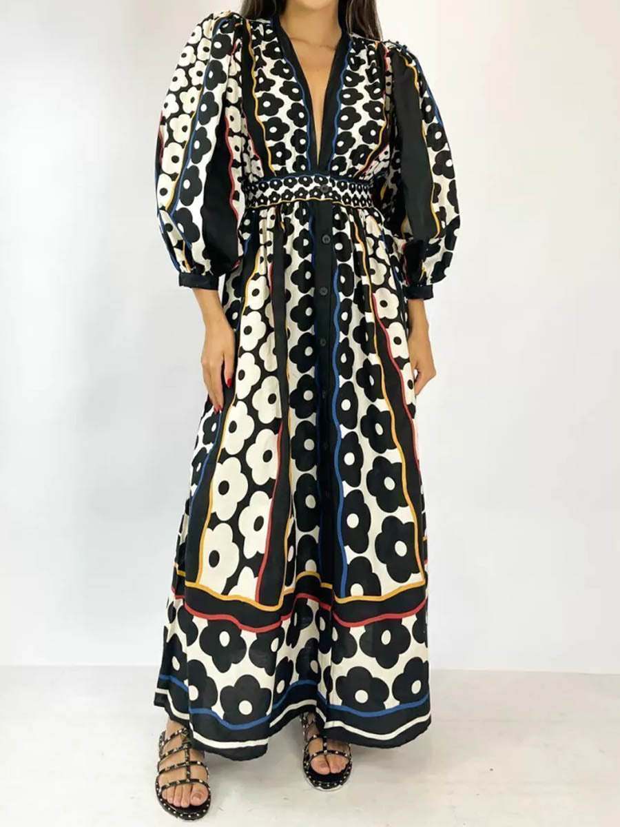 Black Daisy Plunging Neck Dress