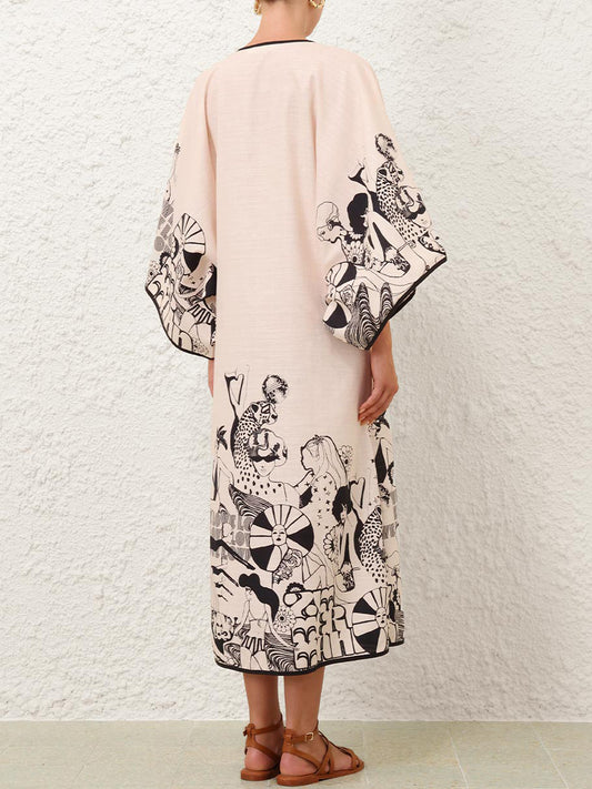 Placement Print Wide Sleeve V-neck Dress