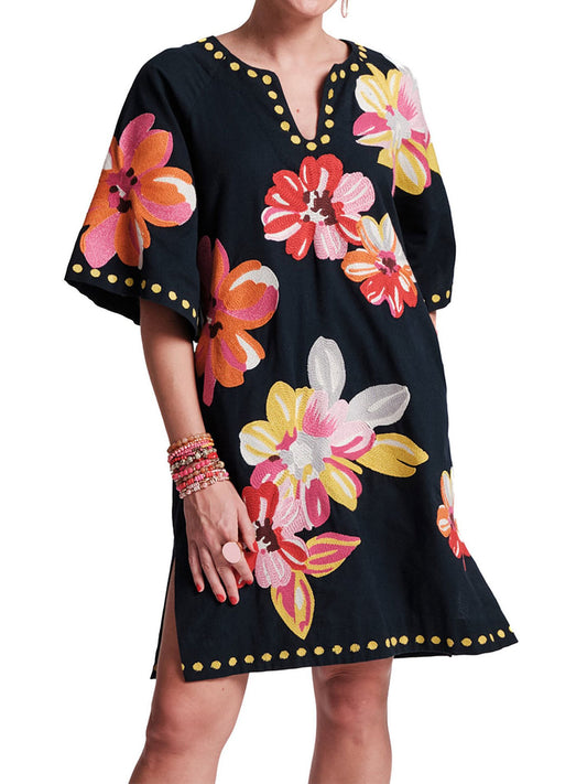 Charming Floral Print Split Scoop Neck Dress