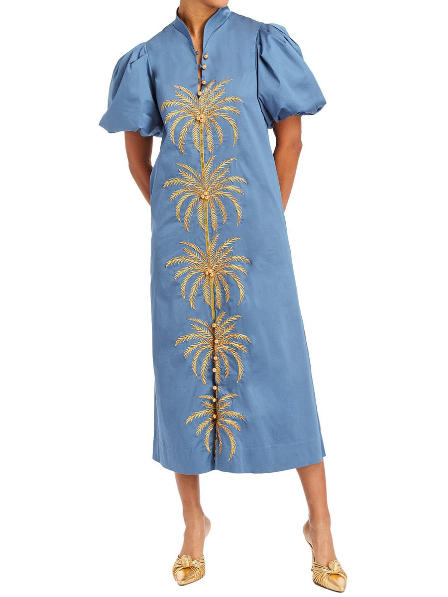 Gold/Blue Embroidery Puff Sleeve Midi Dress