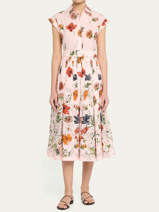 Floral Print Cap-Sleeve Pleated Dress