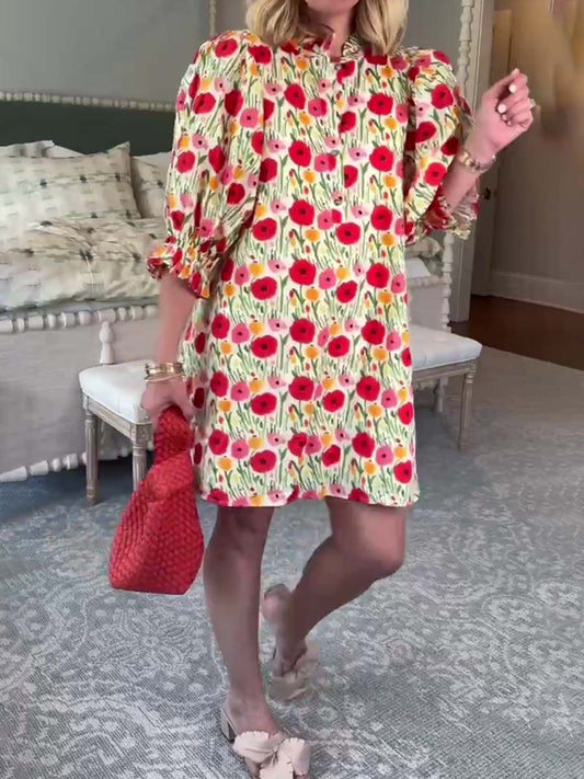 Floral Print Ruffled Collar Mini Dress