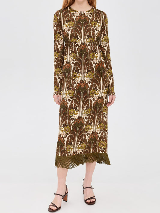 Floral Print Fringed Hem Midi Dress