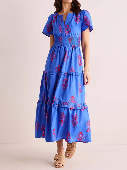 Floral Print Boat Neck Ruffled Dress