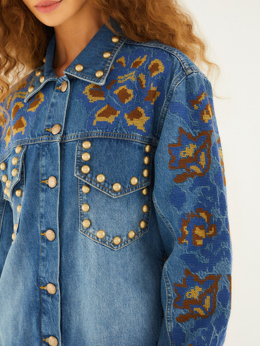 Denim Metal Details Embroidered Jacket and Pants