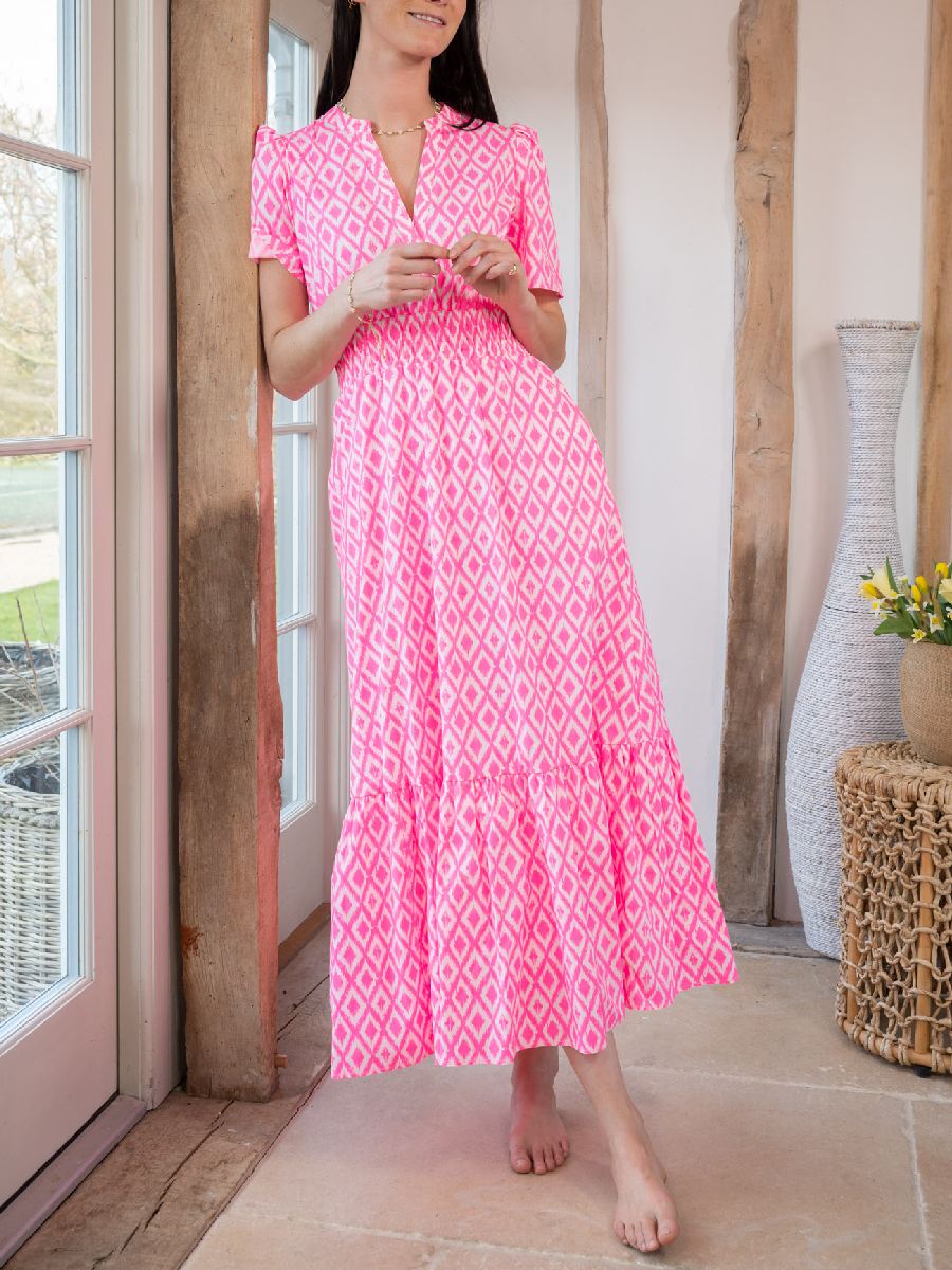 Elastic Waist Puffed Sleeves Dress