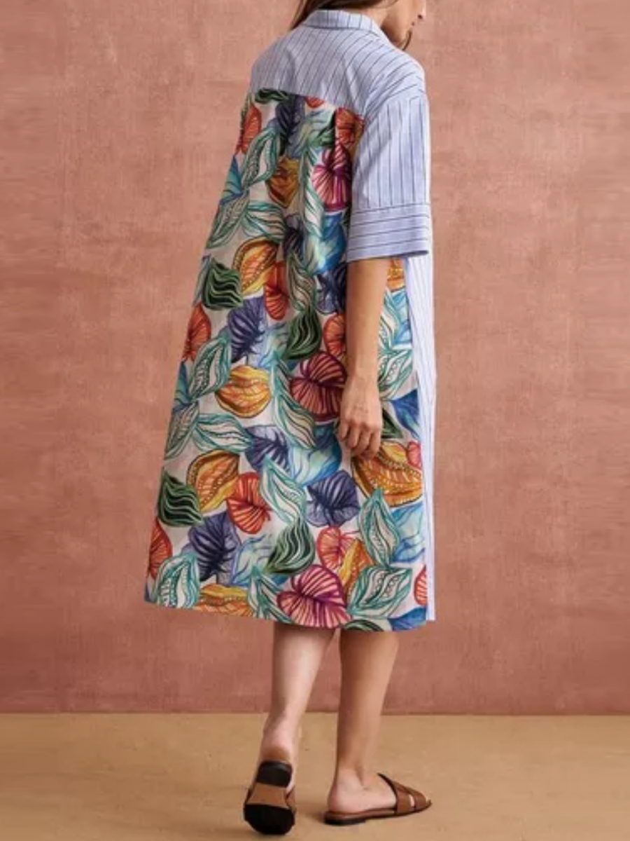 Striped Colorful Leaf Print Shirt Dress