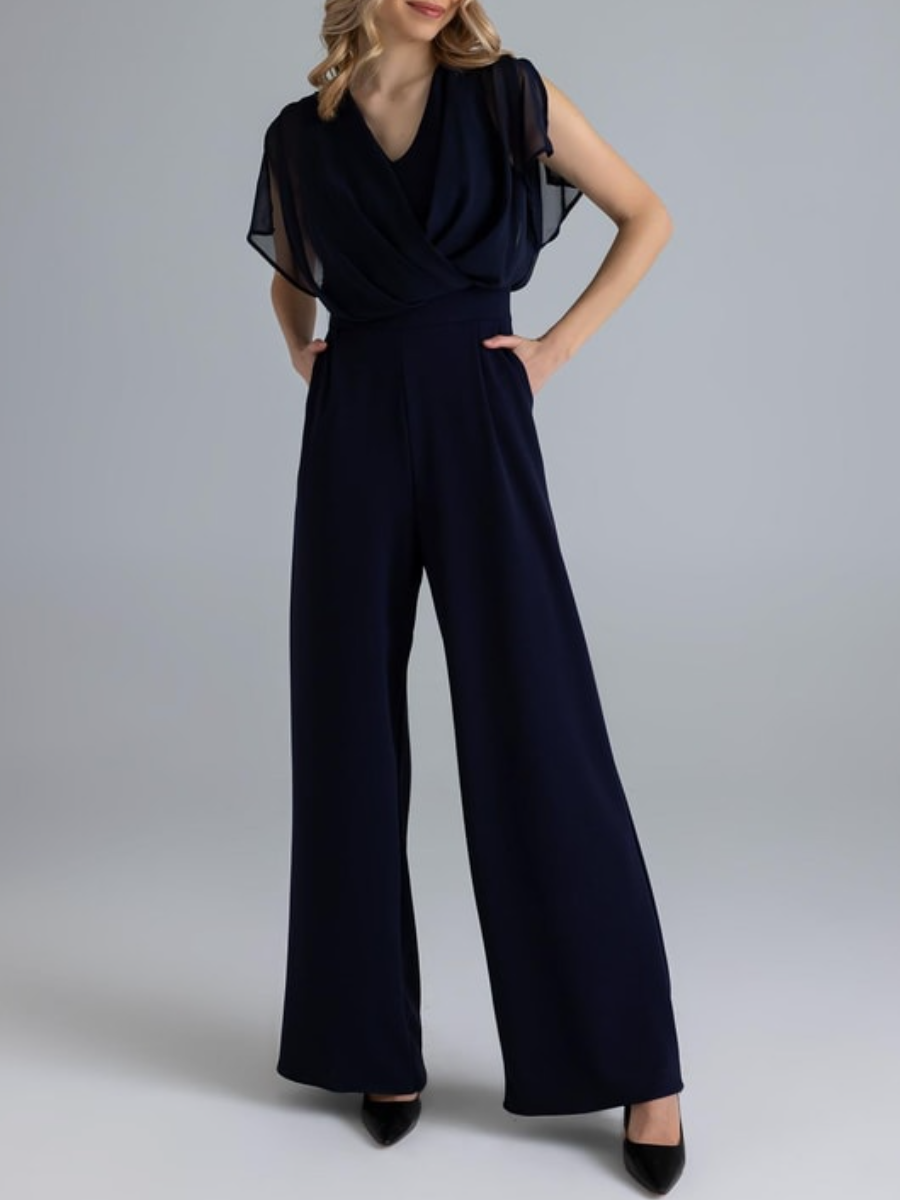 Chiffon V-neck Pleated Jumpsuit