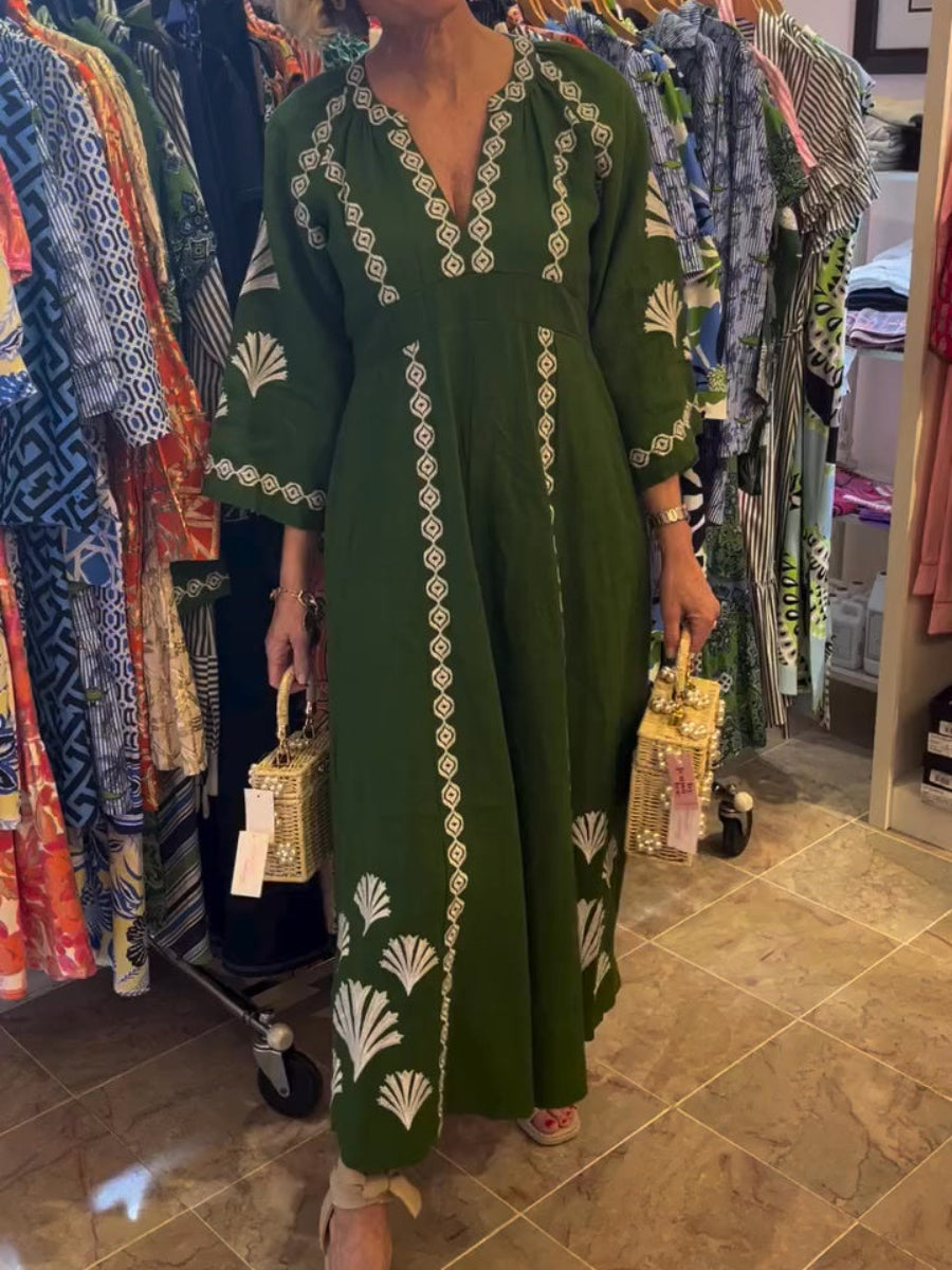 Cotton Linen V Neck Dress