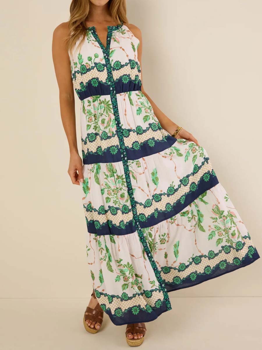 Floral Print Button-front Sleeveless Dress