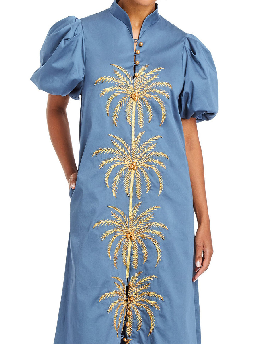 Gold/Blue Embroidery Puff Sleeve Midi Dress