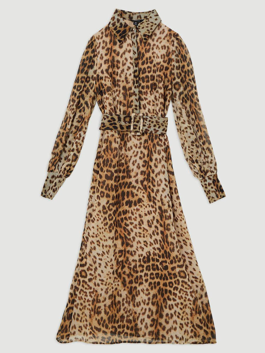 Belted Leopard Woven Shirt Dress