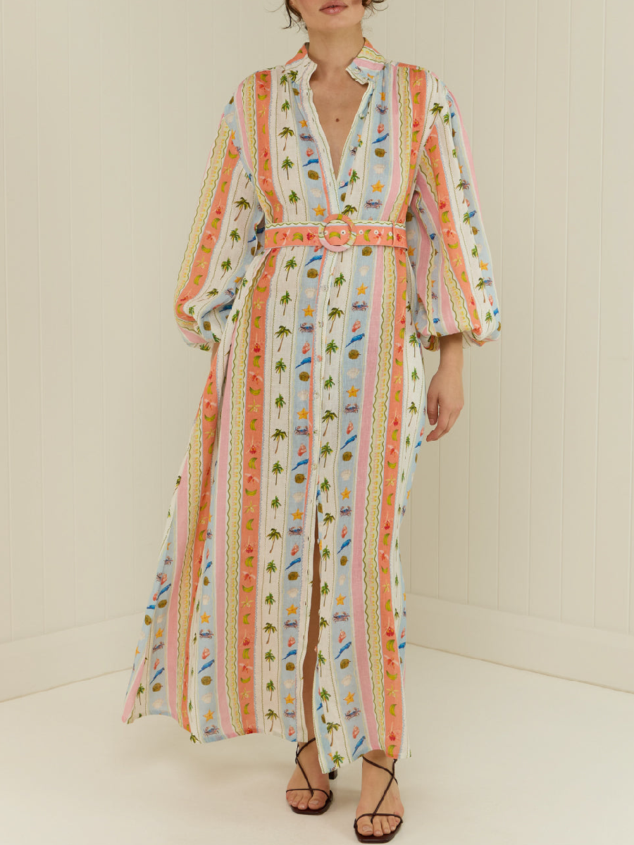 Tropical Stripe Print Linen Shirt Dress