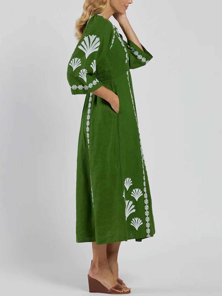 Cotton Linen V Neck Dress