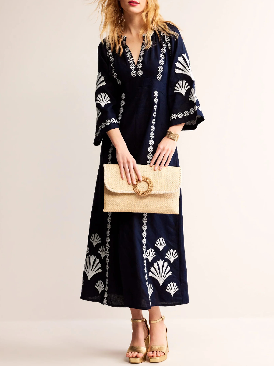 Cotton Linen V Neck Dress