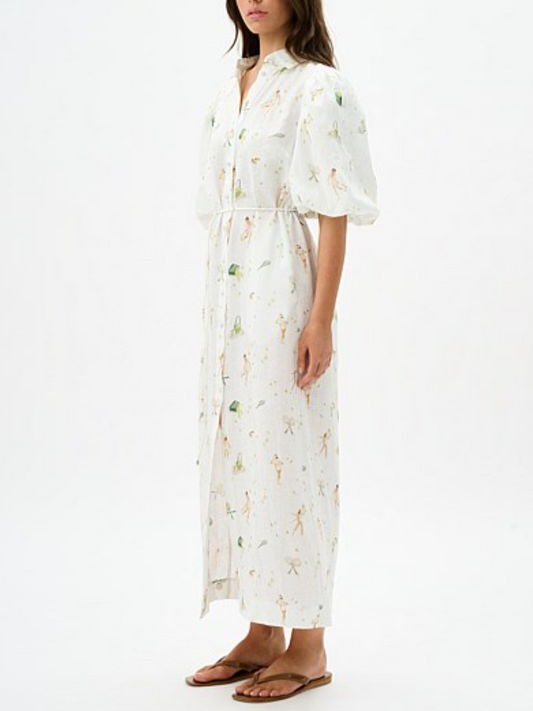 Puff Sleeve Printed Shirt Dress