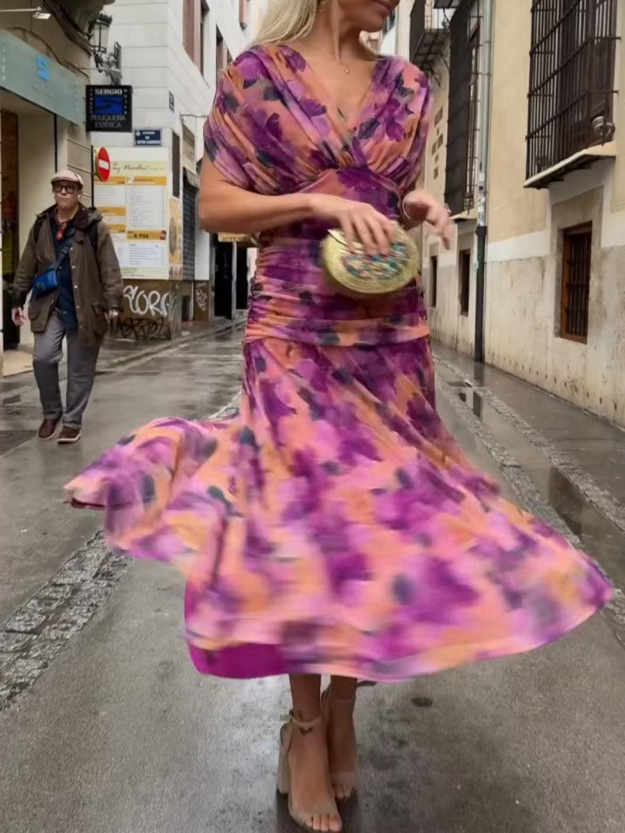 Elegant Floral Elastic Flowy Dress