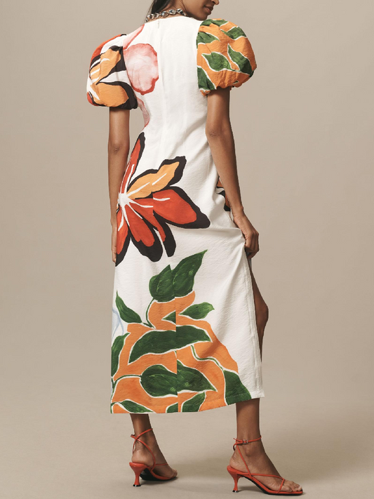 Puff-Sleeve A-Line Maxi Dress