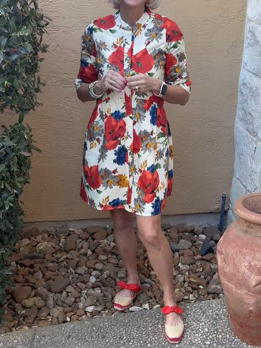 Band Collar Printed Elbow Length Sleeve Dress