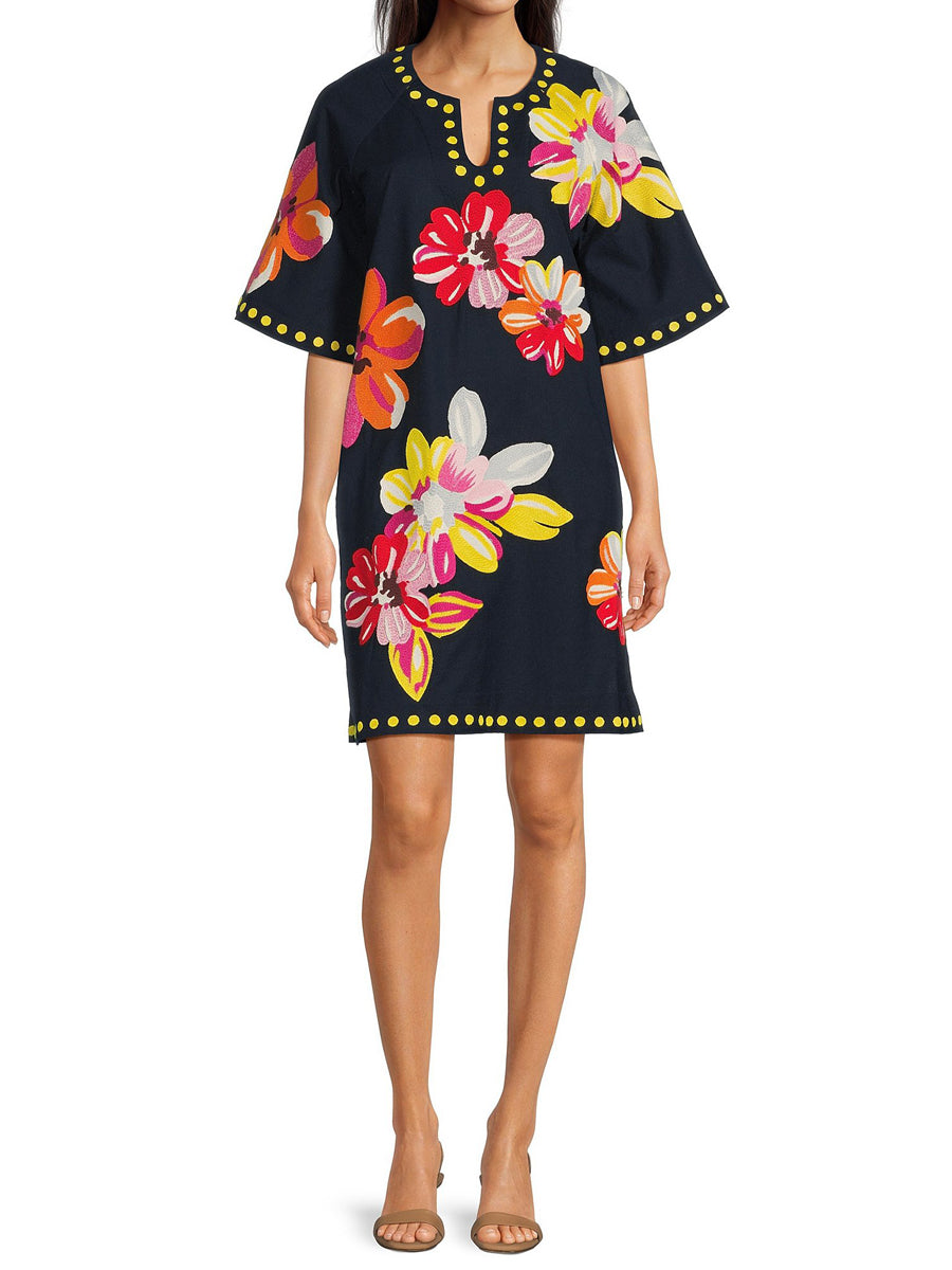 Charming Floral Print Split Scoop Neck Dress