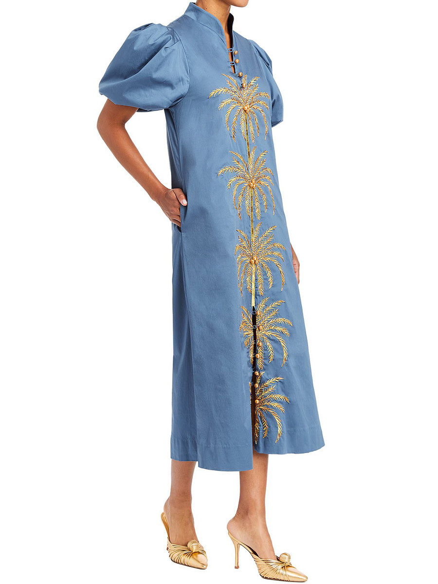 Gold/Blue Embroidery Puff Sleeve Midi Dress