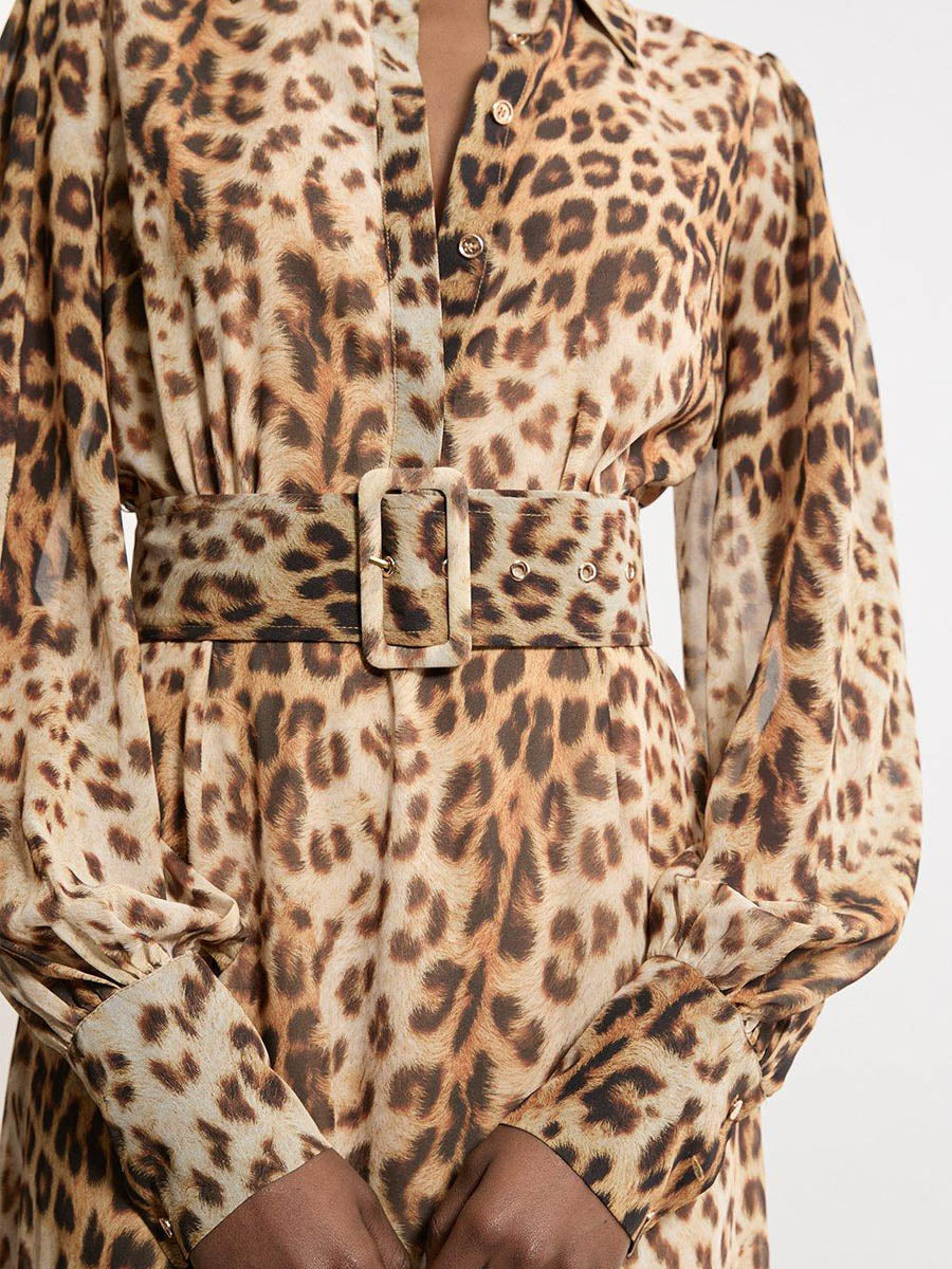 Belted Leopard Woven Shirt Dress