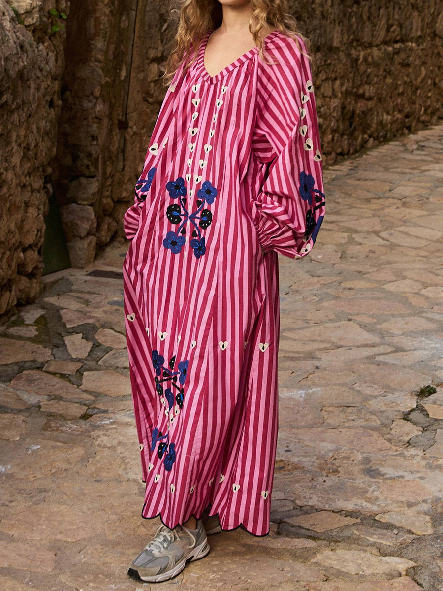 Cotton Stripes V Neck Loose Maxi Dress