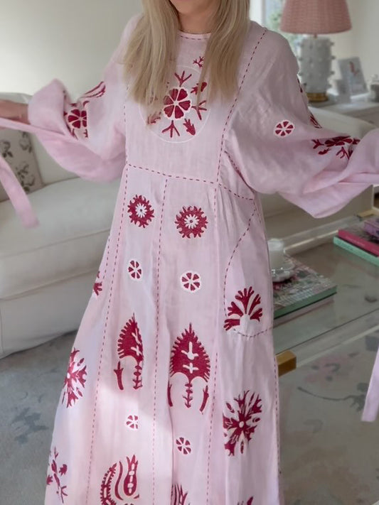 Embroidered Side Pockets Belted Dress