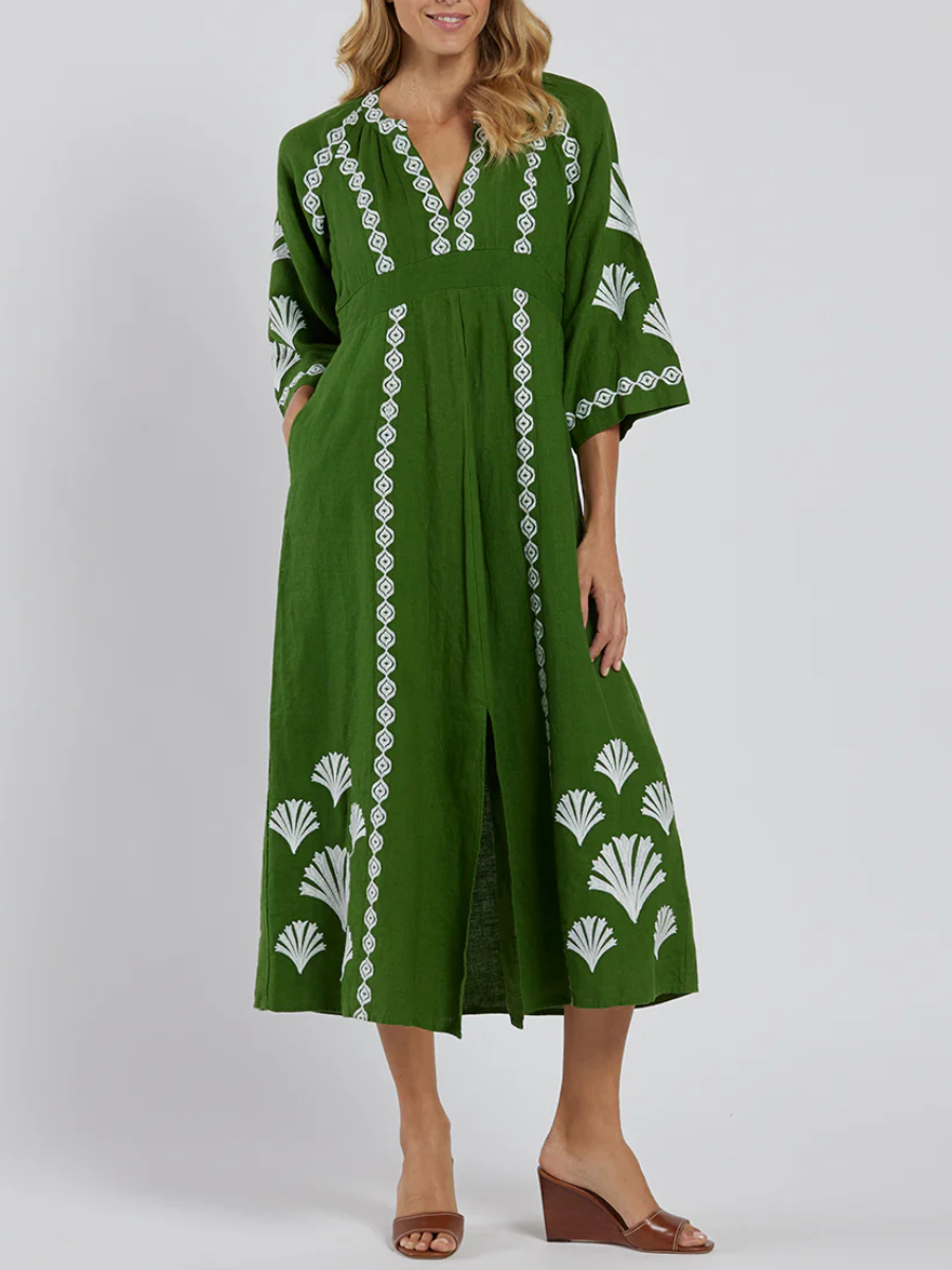 Cotton Linen V Neck Dress