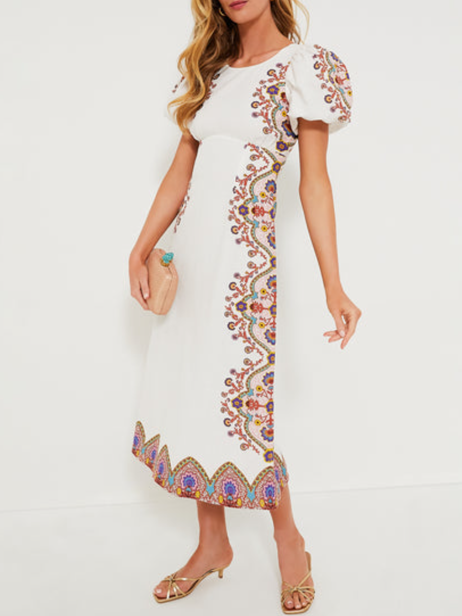 Puff Sleeve Linen Midi Dress