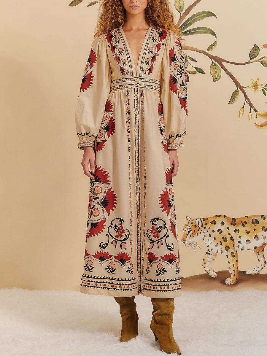 Cream Cashew Mandala Maxi Dress
