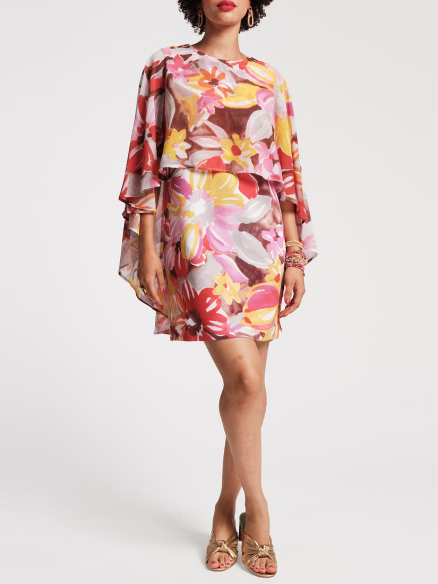 Chiffon Sun Floral Mini Cape Dress