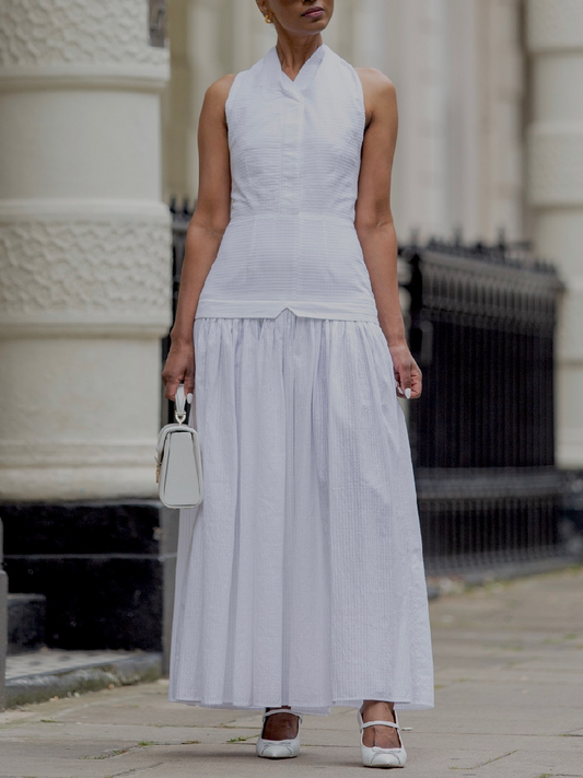 Tiered Checked Embroidered Cotton Halterneck Dress