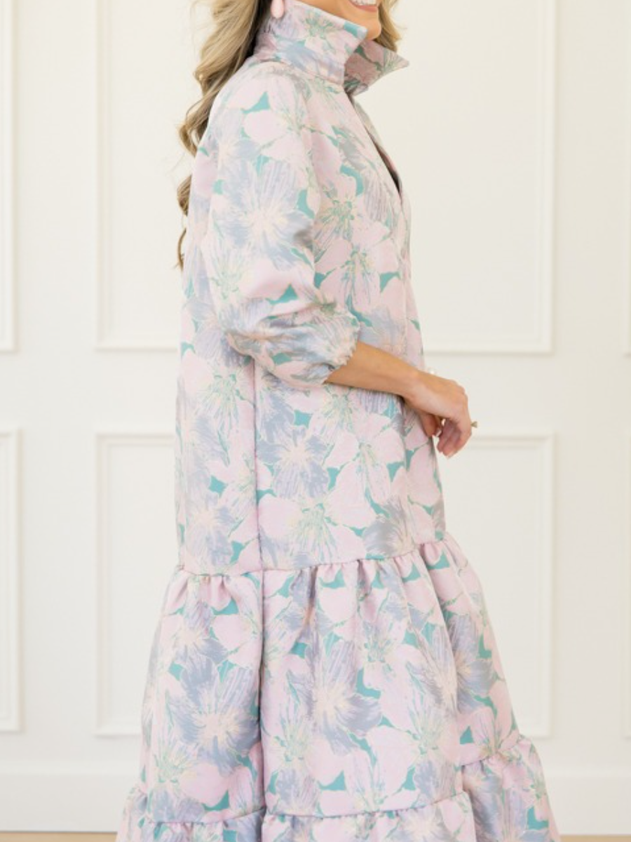 Pink/Teal Floral Enchantment Midi Dress