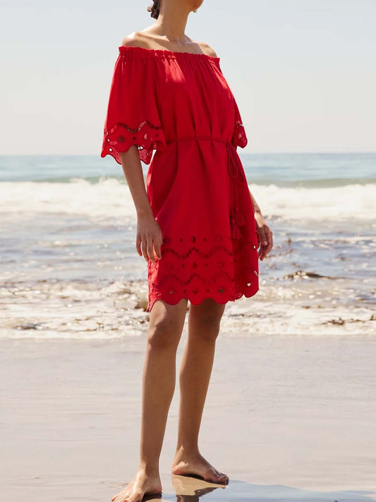 Elastic Neck Embroidered Eyelet Mini Dress