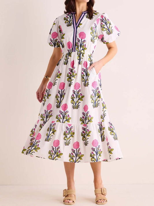 Floral Print Band Collar Tiered Dress