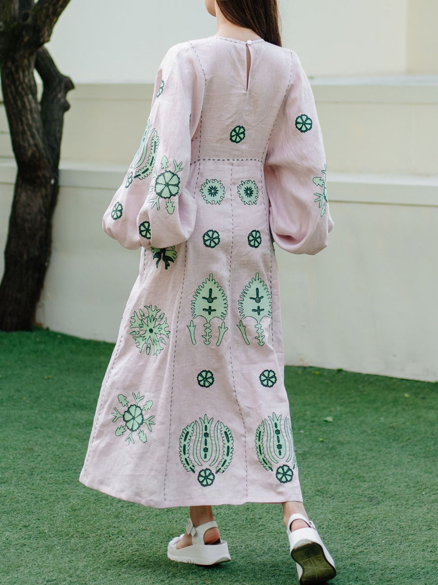 Embroidered Side Pockets Belted Dress