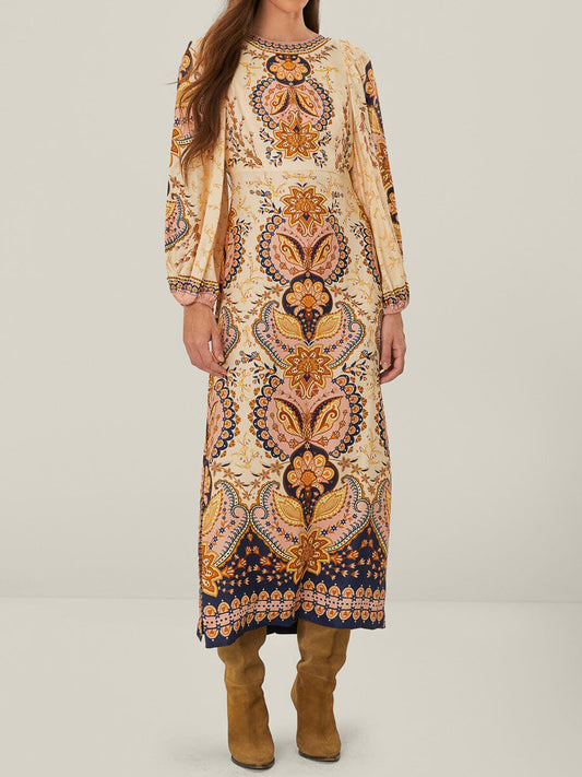 Printed Silt Hem Boho Midi Dress