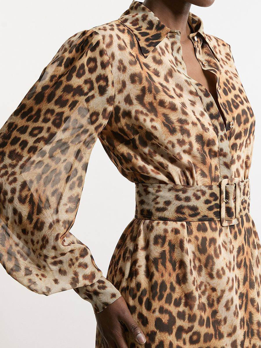 Belted Leopard Woven Shirt Dress