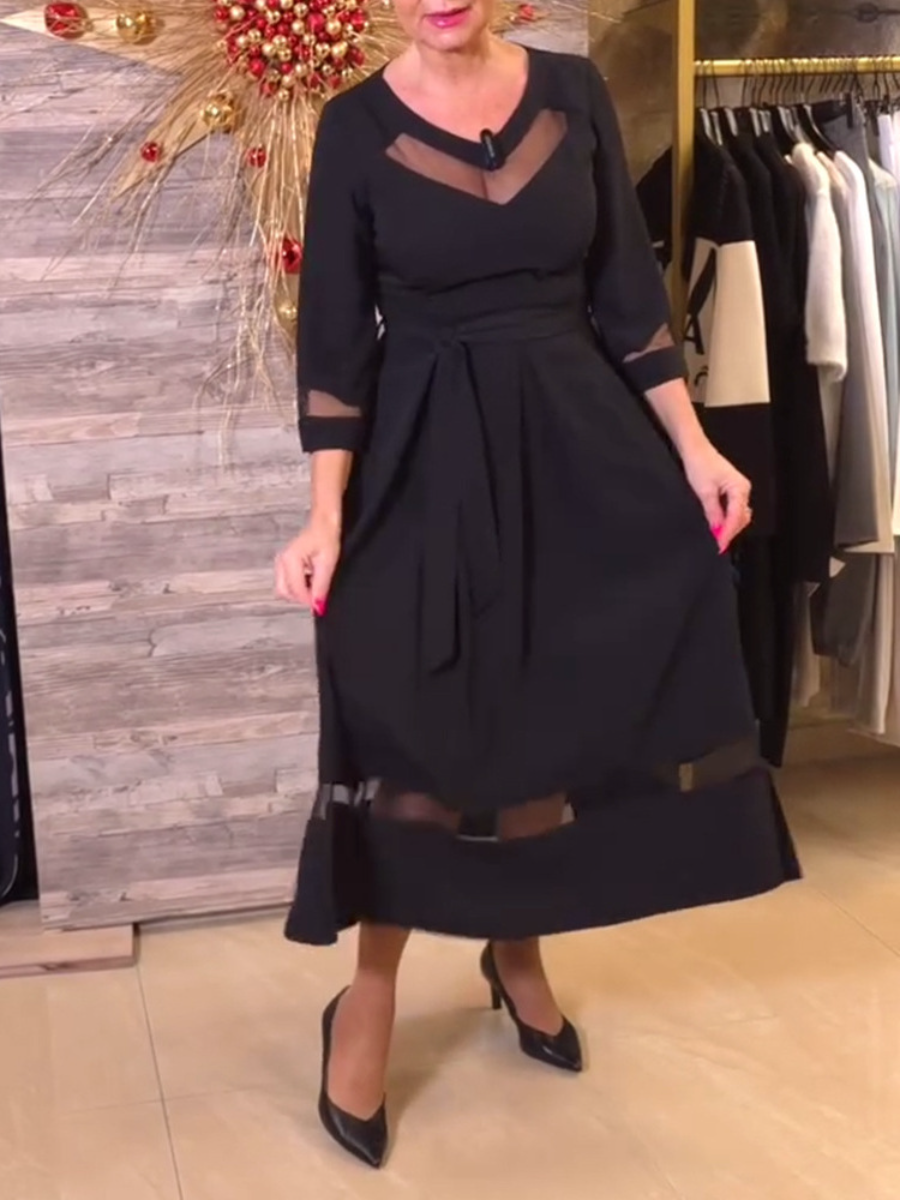 Long Sleeve V Neck Mesh Dress
