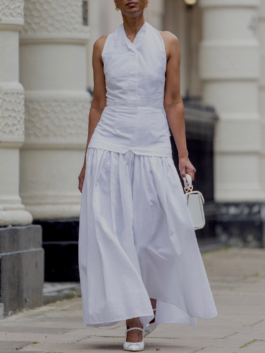 Tiered Checked Embroidered Cotton Halterneck Dress