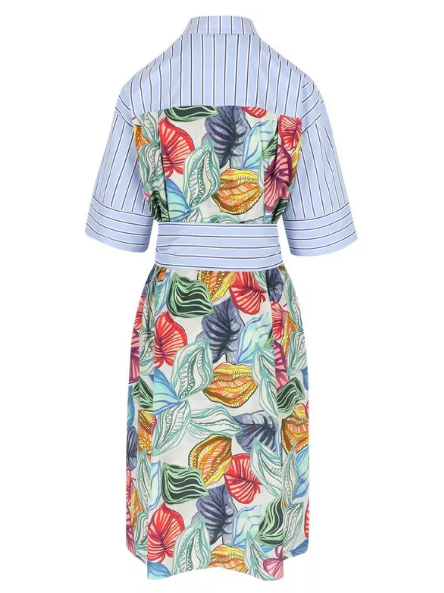 Striped Colorful Leaf Print Shirt Dress