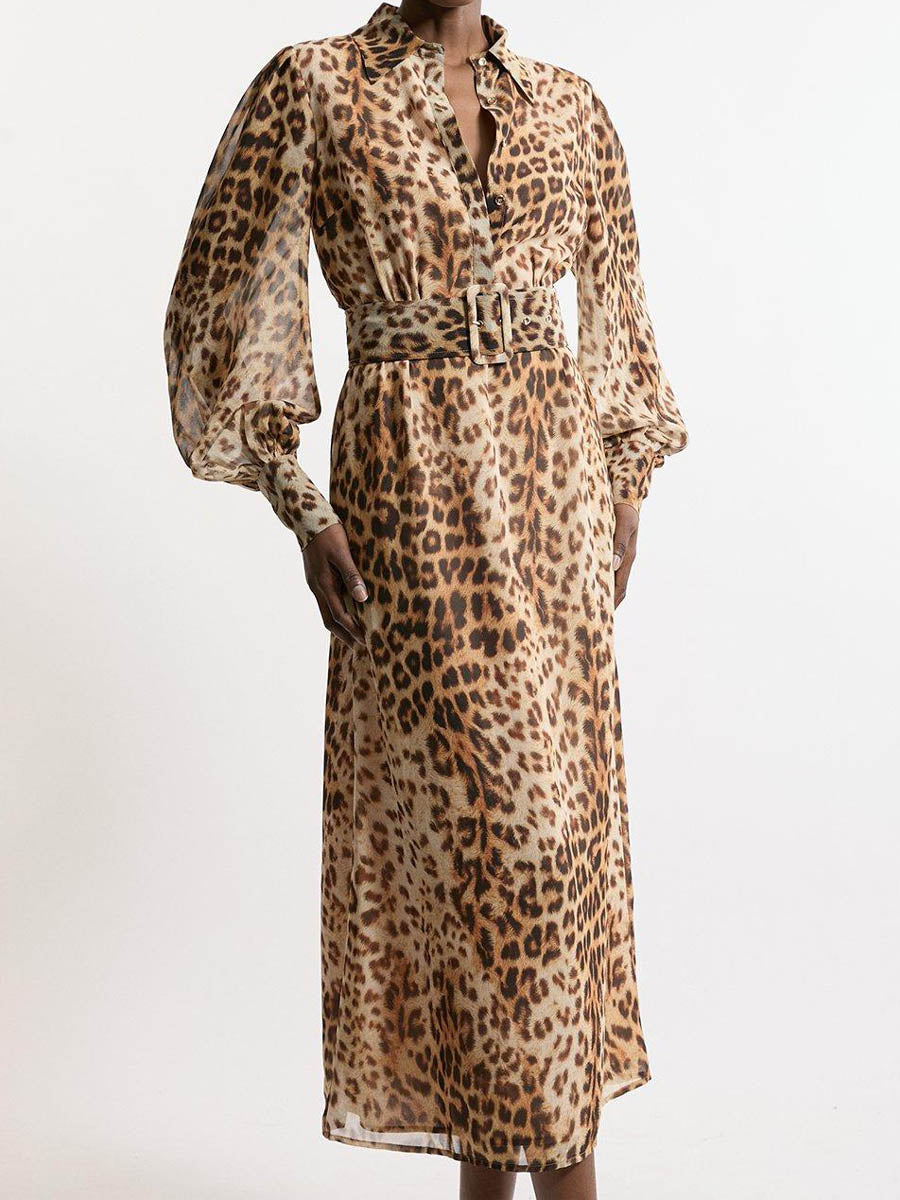 Belted Leopard Woven Shirt Dress